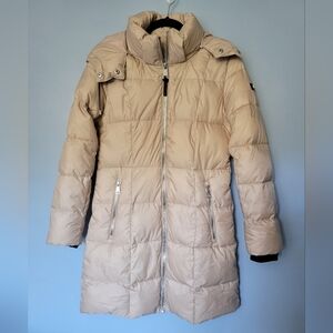 DKNY Long Puffer Quilted Removable Water Resistant Hood Jacket Taupe Small